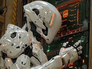 White Robot Interacting with Computer in a Futuristic Setting