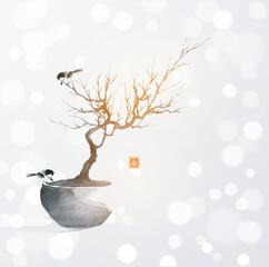 Ink painting with little birds sitting on bonsai tree on white shimmering background. Traditional oriental ink painting sumi-e, u-sin, go-hua. Translation of hieroglyph - eternity - 776086979