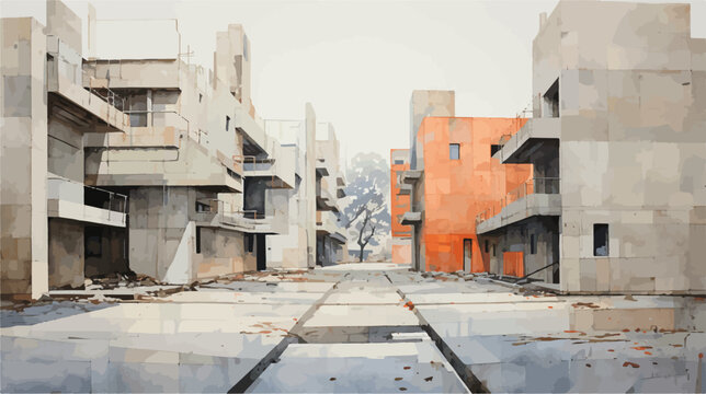 Watercolor Urban Decay with Orange Building Accent