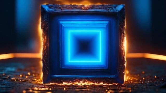 Blue neon cube and fire flames and lava. Copy space logo. Motion background - Powered by Adobe