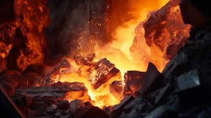 Intense display of molten metal and sparks from nickel smelting furnace - obrazy, fototapety, plakaty