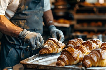 A closeup shot of an attractive man wearing oven mitts, standing over a tray with freshly baked croissants on it at a table in his bakery.