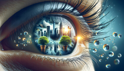 for advertisement and banner as Entrepreneurial Vision An eye filled with visions of growth embodying the entrepreneurial vision for success. in Macro close up eye reflection theme ,Full depth of fiel