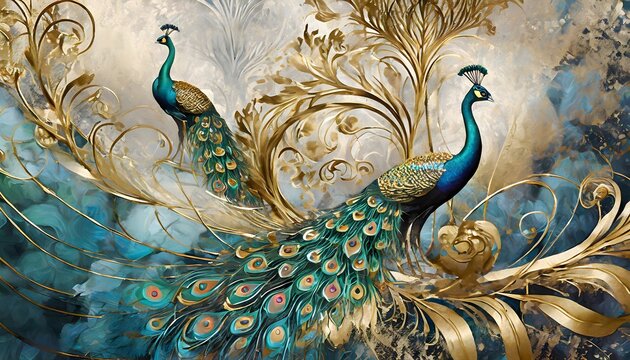 Sculptural abstract background. Flowers, branches, peacocks, gold. Painting. Modern Art. Wall