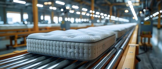 Modern factory setting with automated machinery producing comfortable mattresses in a mattress production manufacturing process. Concept Mattress Production, Automated Machinery