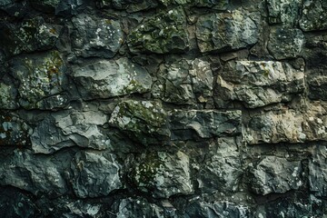 Close-up of a textured stone wall with patches of green moss, embodying natural patterns and rustic charm.