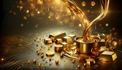 for advertisement and banner as Liquid Gold Liquid gold flowing into a cast highlighting the fluidity and value of gold. in Gold Crafting theme ,Full depth of field, high quality ,include copy space o