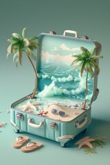 A 3d tropical vacation concept, spilling from luggage, isolated on a pastel background. With ocean waves, palm trees, flip flops and sunglasses.