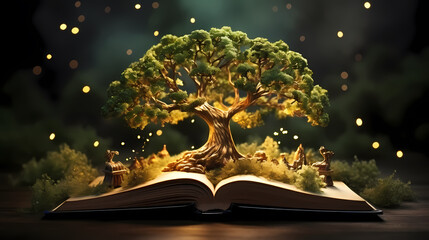 Book or tree of knowledge concept with an oak tree growing from an old open book - obrazy, fototapety, plakaty
