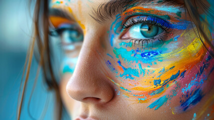 Close-up portrait of a beautiful girl with multicolored makeup