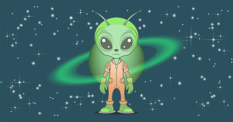 Vector cute funny cartoon green alien wearing orange overalls. A Saturn type planet with luminous rings. International Cosmonautics Day.