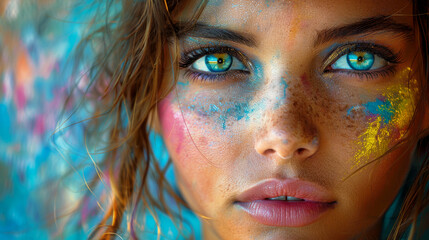 Close-up portrait of a beautiful young woman with colorful makeup