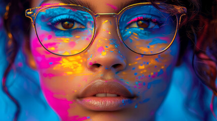 Close up portrait of an American-African beautiful young woman wearing glasses with creative makeup