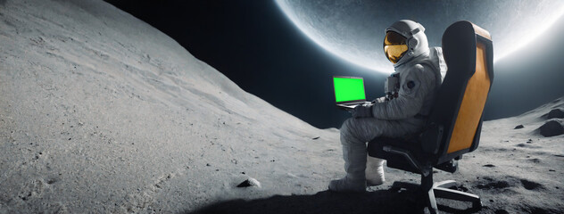 astronaut in suit sitting in a gaming chair on the moon using a laptop