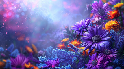 Enchanted Floral Dreamland: Lush Purple and Orange Blossoms with Magical Mist - Ideal for Springtime Decor, Nature-Inspired Wallpapers, and Vibrant Greeting Cards