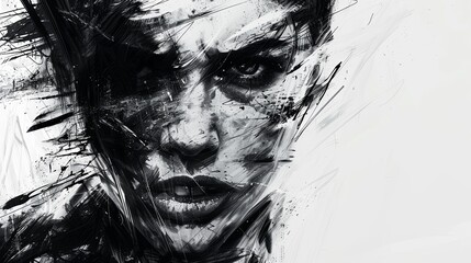 Abstract black and white image of a woman&rsquo;s face expressing intense anger, with sharp contrasts and bold strokes conveying raw emotion and inner turmoil. Generate AI.