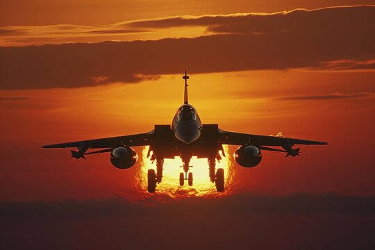 A fighter jet silhouetted against the fiery sky of a setting sun, demonstrating power and speed.