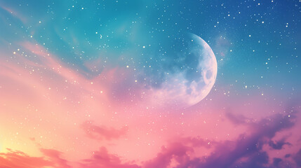 Obraz na płótnie Canvas Celestial Dreamscape: Serene Moon Against Twilight Hues and Starry Sky for Tranquil Wallpaper and Ethereal Backdrops