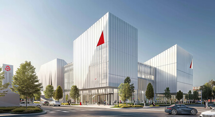 A rendering of the exterior of an active sports center with modern architecture, featuring three white buildings connected in the style of silver metal columns and wrapped in glass panels.