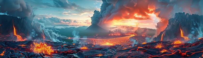Design a panoramic view of a volcanic landscape capturing the intense contrast between fiery molten...