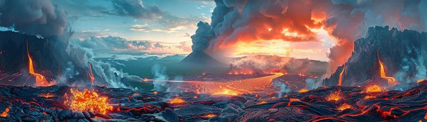Papier Peint photo Vert bleu Design a panoramic view of a volcanic landscape capturing the intense contrast between fiery molten lava and the tranquil surrounding nature