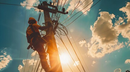 An electrician works on tangled power lines against a vivid sunset sky, illustrating industry and technology.