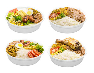 marmita, brazilian food served in styrofoam pots, lunch or cheap meal, rice with beans, sausage or chicken thigh and salad, typical brazilian meal on isolated white background