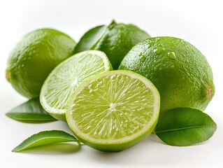 fresh limes with slices on white background
