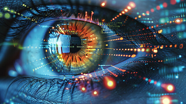 close-up of human eye and ascii graphics, data visualization, abstract concept of eye ID scan, digital control, metarverse