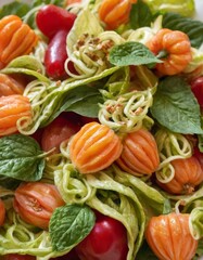 Vibrant zucchini noodles entwined with ripe cherry tomatoes and fresh mint leaves, showcasing a healthy, raw vegan salad