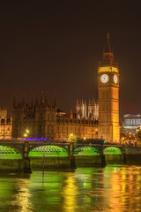 A view of the Westminster Bridge, Big Ben and the houses of Parliament, London, UK in the evening.