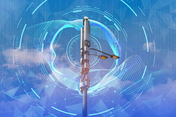 Telecommunication tower with 4G, 5G transmitters. Cellular base station on a lamppost with graphic...