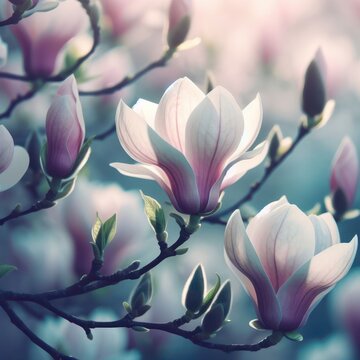 Magnolia flowers and leaves on a tree in cold light in springtime. Oil painting stylized as a photograph. Illustration with delicate spring blossoms for greeting cards or wedding invitations