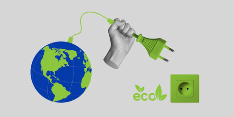 Green energy concept. Hand with electric plug connects globe to eco-friendly outlet. Minimalist art collage - obrazy, fototapety, plakaty