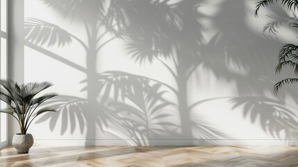 Clean and Clear White Wall with Shadow of Tropical Palm Botany Tree Leaf Pattern