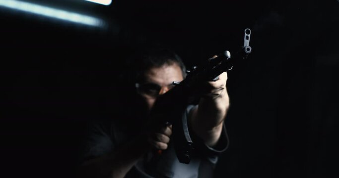 Low-Angle Man Firing AK-47, 800fps High-Speed Slow-Motion Kalashnikov Shooting
