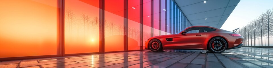 car on the colorful frosted glass wall background