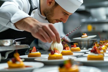 Obraz na płótnie Canvas Meticulous Chef Garnishes Exquisite Desserts in a High-End Kitchen