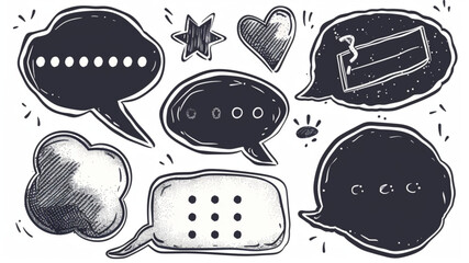 Hand drawn dialogue box sticker set. Speech bubbles icon with squiggle texture. Crosshatch pencil drawn doodle style vector illustration. studio style - obrazy, fototapety, plakaty