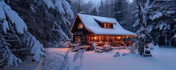 Cozy holiday cabin retreat, snow outside, warmth within, escape embraced - obrazy, fototapety, plakaty