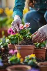 Blossoming Spring Dreams, A Woman Tenderly Repotting Vibrant Flowers in Her Home Garden
