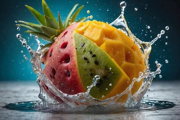 Foto op Plexiglas water melon mango  chunks splashing water © Muhammad