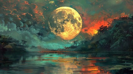 the moon-filled river. weird landscape conceptual painting, natural fantasy painting