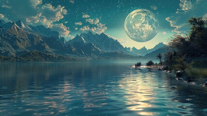 the moon-filled river. weird landscape conceptual painting, natural fantasy painting - obrazy, fototapety, plakaty