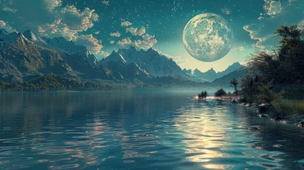 Fotobehang the moon-filled river. weird landscape conceptual painting, natural fantasy painting © Desinage
