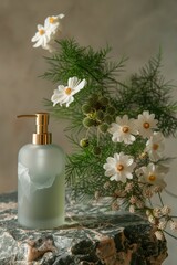 Fototapeta na wymiar Elegant Soap Dispenser Amidst Floral Arrangement