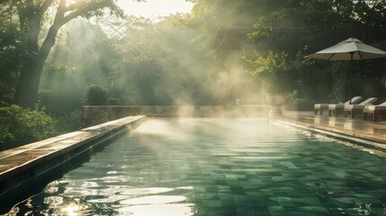 Early morning laps in a mist-covered pool, tranquility in motion - obrazy, fototapety, plakaty