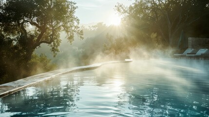Early morning laps in a mist-covered pool, tranquility in motion