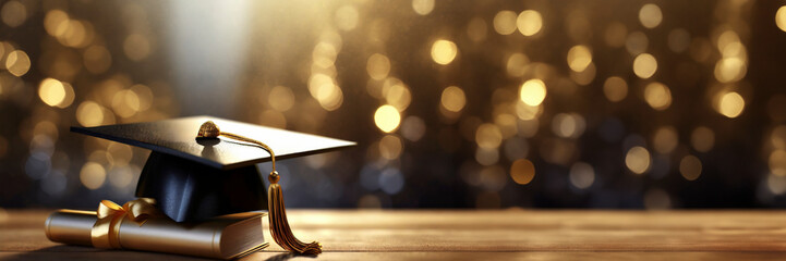 Graduation cap on the table with bokeh background, panoramic banner