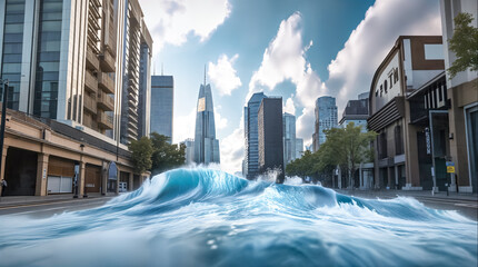 A colossal wave, towers over a bustling city. Dramatic Wave Crash on City. huge tsunami water hits large city. modern city's skyscrapers submerged by tsunami with a giant wave coming	 - obrazy, fototapety, plakaty